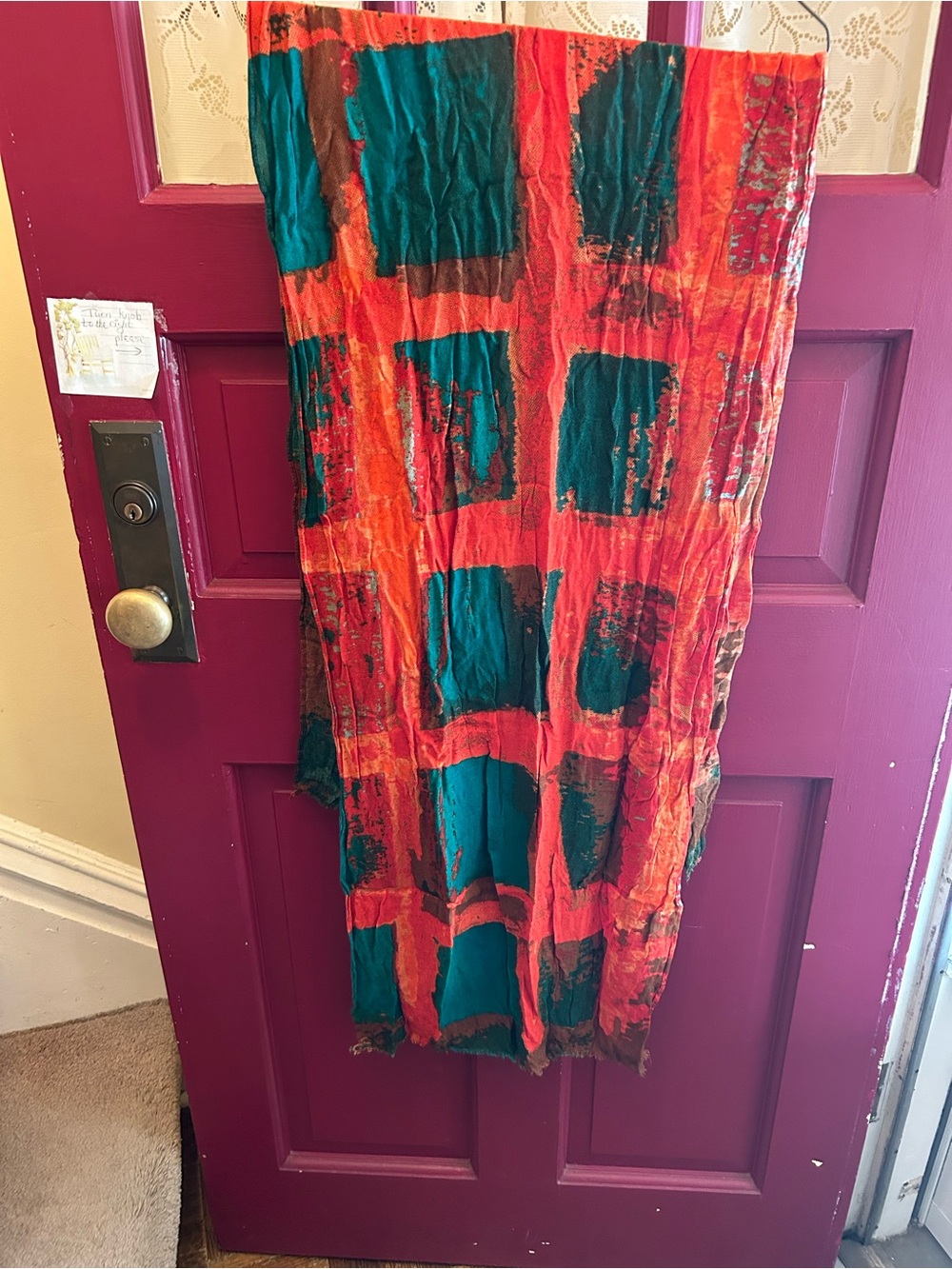 Scarf- orange, green, brown accent’s. Smoke and animal free home